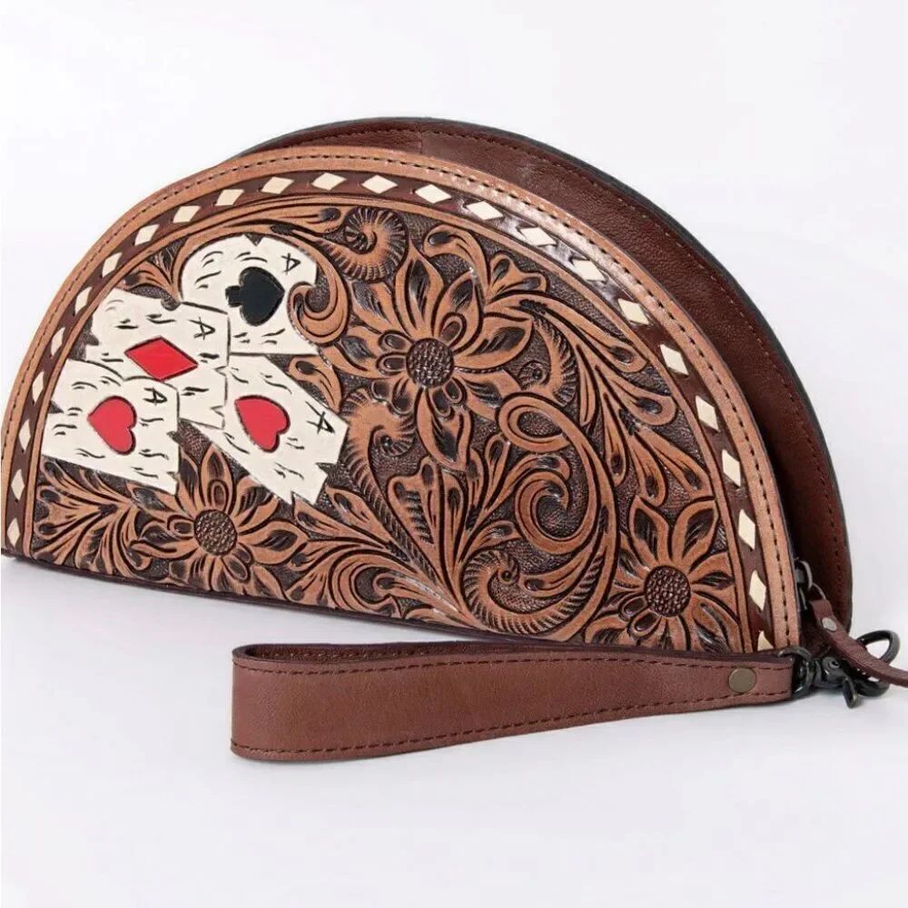American Darling Leather Wristlet Purse Tooled Floral & Playing Card Ace Motif
